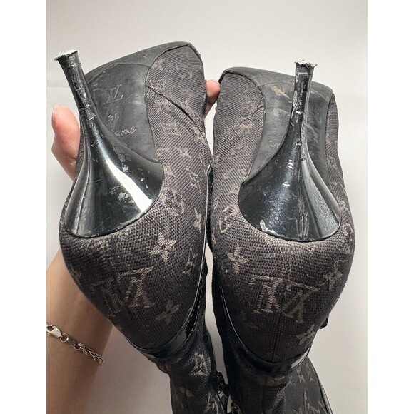 Louis Vuitton Black Canvas Monogram Boots Stiletto Heel Silver Buckle 36 6 Y2K - Picture 10 of 13